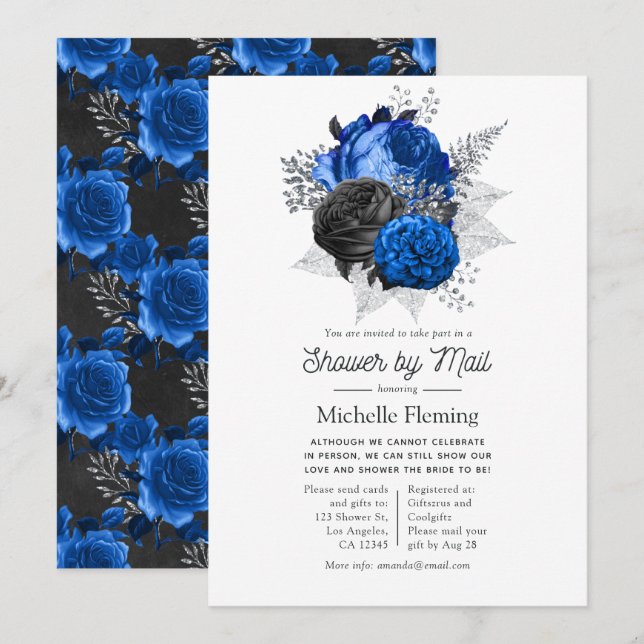 Invitation Royal Blue, Black and Silver Floral Douche par cou (Devant / Derrière)