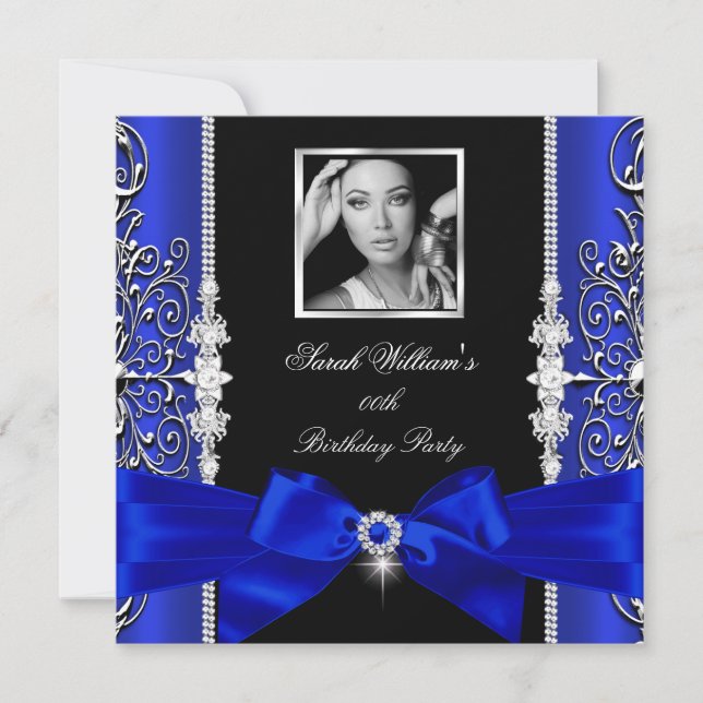 Invitation Royal Blue Bow Anniversaire de la fête Black Silve (Devant)