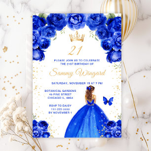 Invitation Royal Blue Brown Hair Princess Anniversaire
