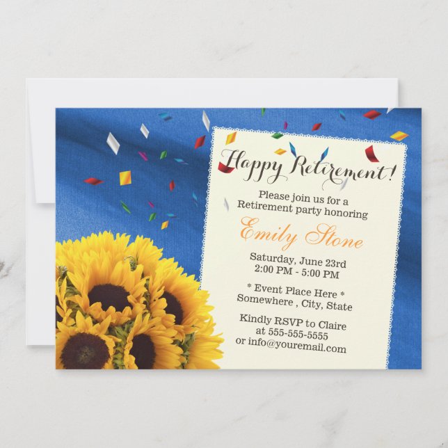 Invitation Royal Blue Confetti Tournesol Parti de retraite (Devant)