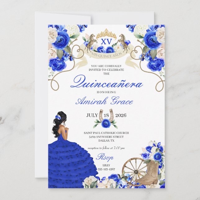 Invitation Royal Blue Cowgirl Princess Western Quinceañera (Devant)
