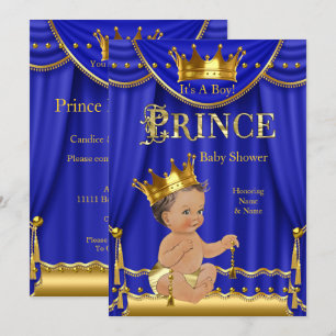 Invitation Royal Blue Crown Prince Baby shower Gold Brunette