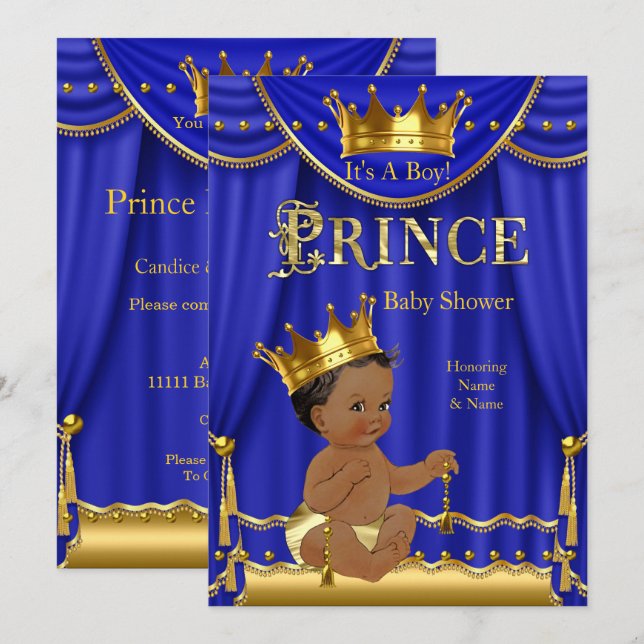Invitation Royal Blue Crown Prince Baby shower Gold Ethnic (Devant / Derrière)