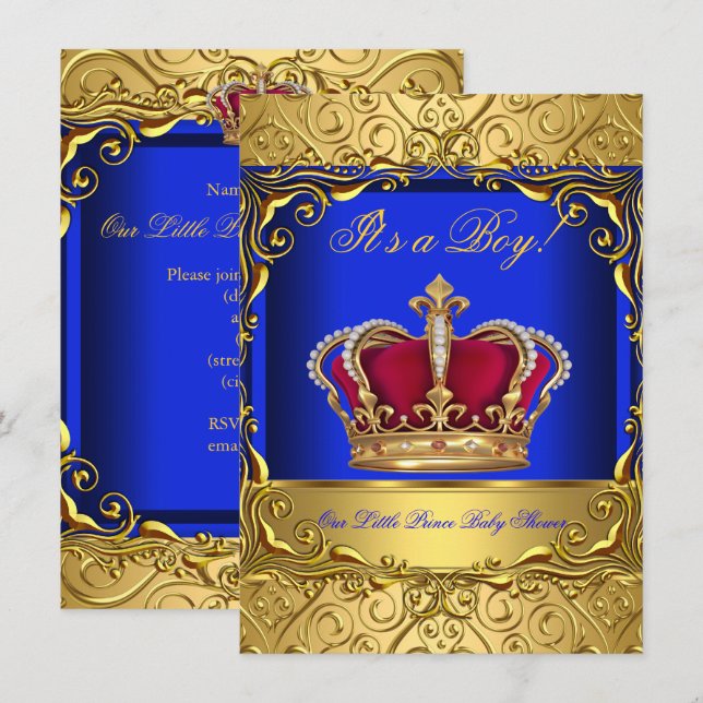 Invitation Royal Blue Damask Gold Baby shower Couronne Boy 4 (Devant / Derrière)