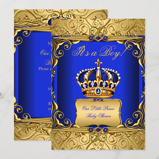 Invitation Royal Blue Damask Gold Crown Baby shower Boy bs2 (Devant / Derrière)