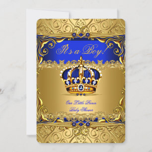 Invitation Royal Blue Damask Gold Crown Baby shower Boy bs5