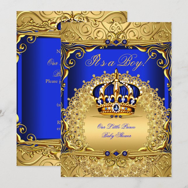Invitation Royal Blue Damask Gold Crown Baby shower Boy bs6 (Devant / Derrière)