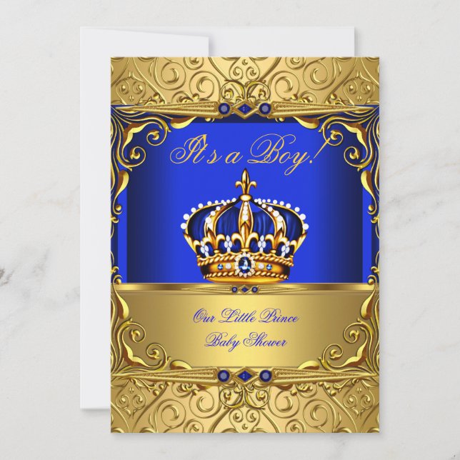 Invitation Royal Blue Damask Gold Crown Baby shower Boy bsA (Devant)