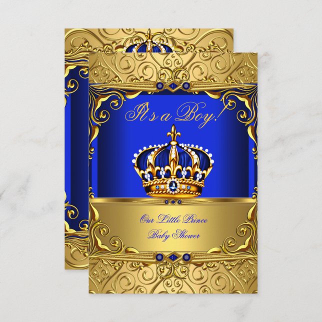 Invitation Royal Blue Damask or Crown Baby shower Garçon PETI (Devant / Derrière)