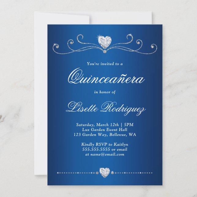 Invitation Royal Blue Diamond Swirl Elegant Quinceanera (Devant)