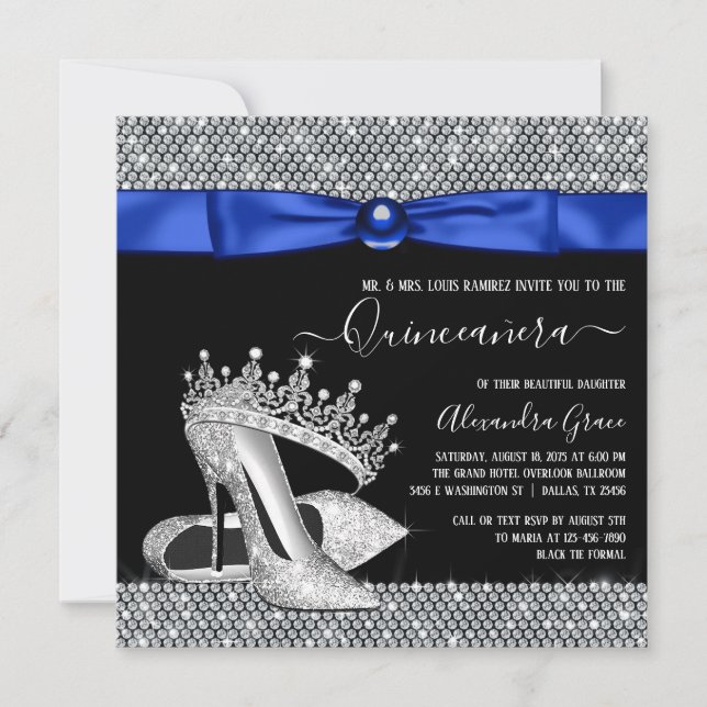 Invitation Royal Blue Diamond Tiara Shoe Quinceanera (Devant)