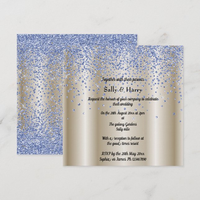 Invitation Royal Blue Diamonds mariage cristal bleu or (Devant / Derrière)