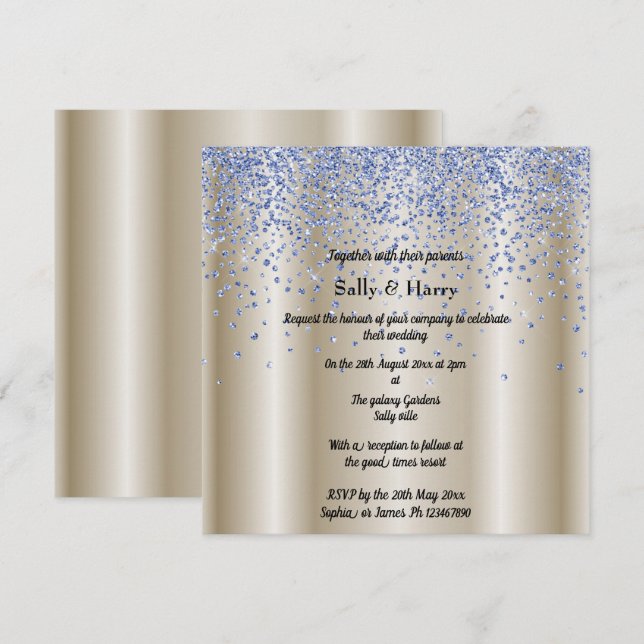 Invitation Royal Blue Diamonds mariage cristal bleu or (Devant / Derrière)