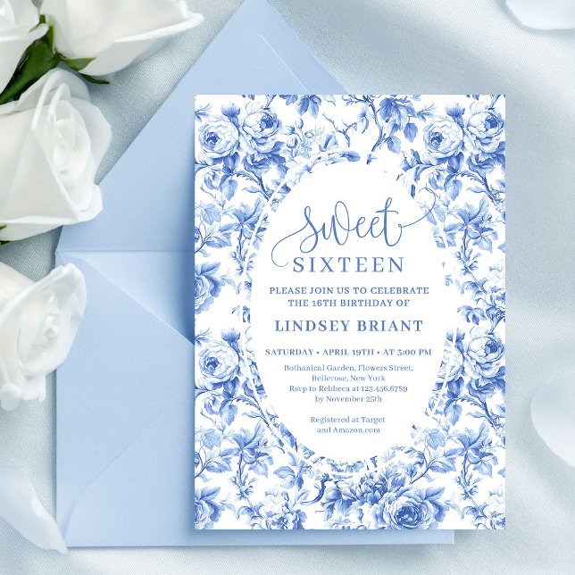 Invitation Royal Blue Digital Floral 16th Birthday Invite (Royal Blue Digital Floral 16th Birthday Invite)