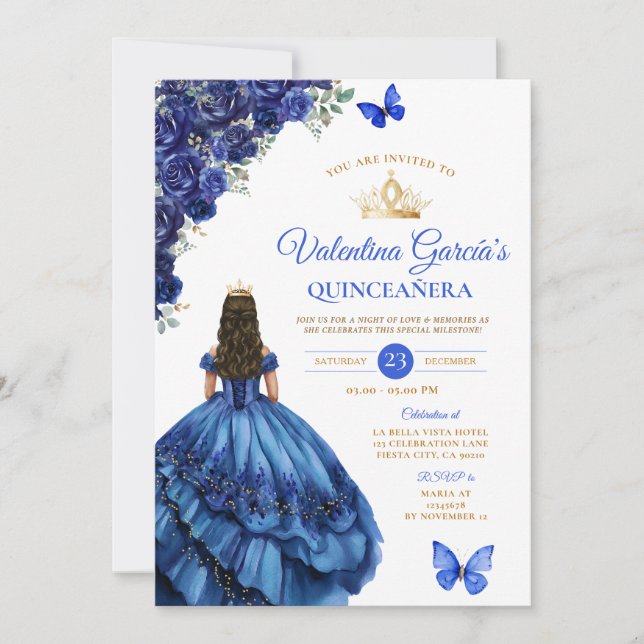 Invitation Royal Blue Dress Quinceañera 15 Anos Flowers Gold (Devant)