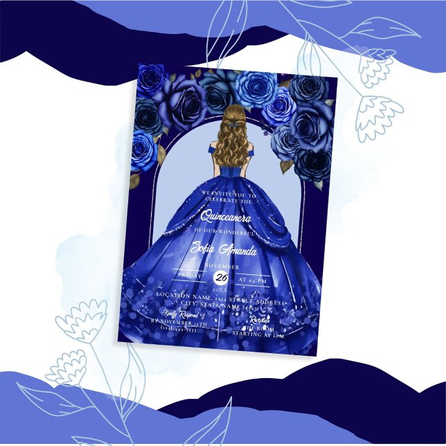 Invitation Royal Blue Elegant Floral Accents Princess Party (Créateur téléchargé)