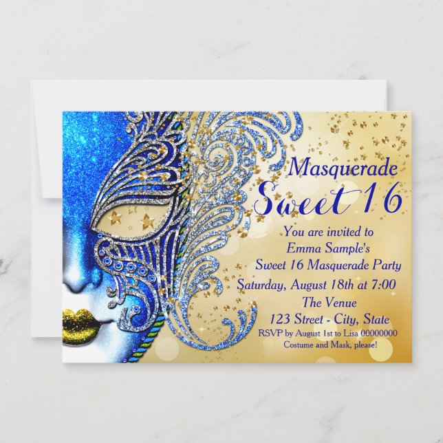 Invitation Royal Blue et Gold Sweet 16 Masquerade Party (Devant)