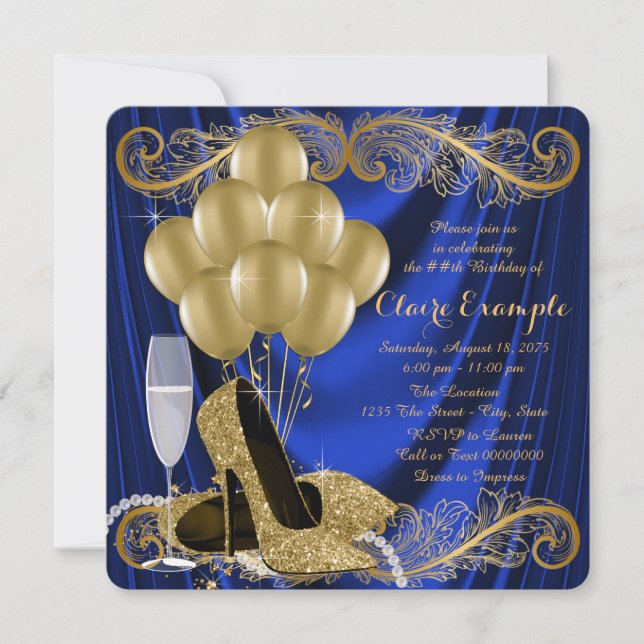 Invitation Royal Blue et or fête d'anniversaire Satin Glam (Devant)