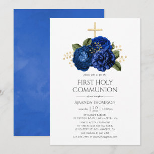 Invitation Royal Blue et or Floral Première communion sainte