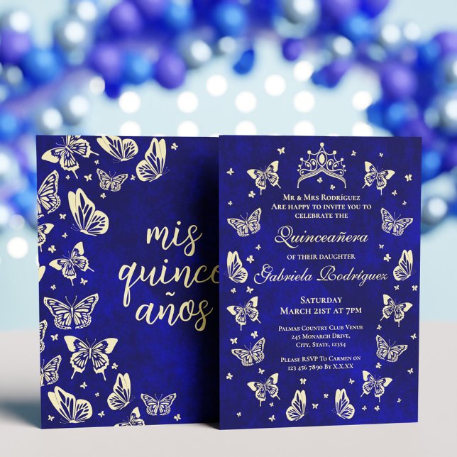 Invitation Royal Blue et or Quinceañera Tiara Butterfly (Royal Blue and Gold Quinceañera Tiara Butterfly Invitation)