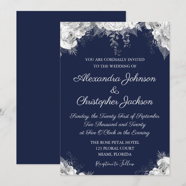 Invitation Royal Blue et Pearl White Floral Mariage (Devant / Derrière)
