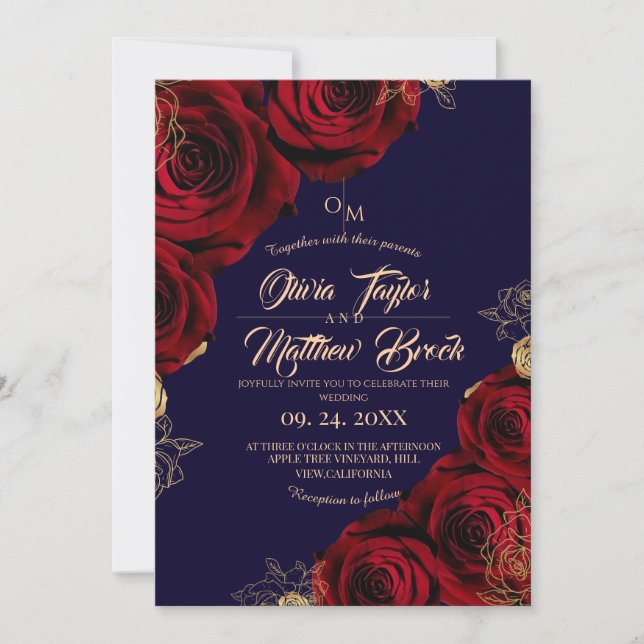 Invitation Royal Blue et Red Burgundy Rose Flower Mariage (Devant)