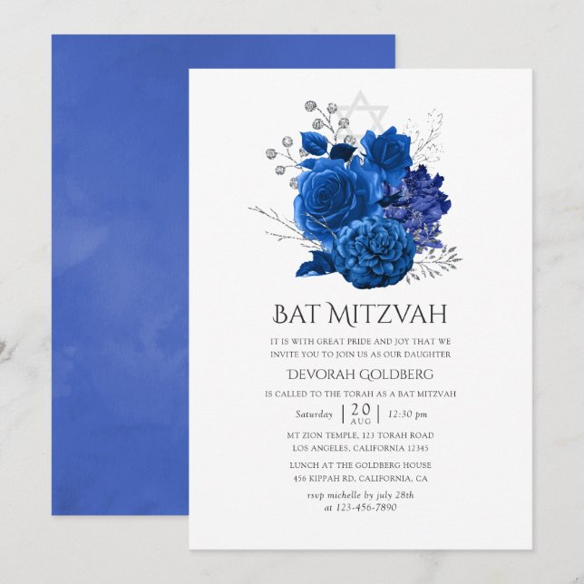 Invitation Royal Blue et Silver Floral Bat mitzvah (Devant / Derrière)