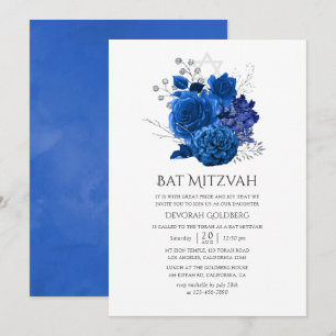 Invitation Royal Blue et Silver Floral Bat mitzvah