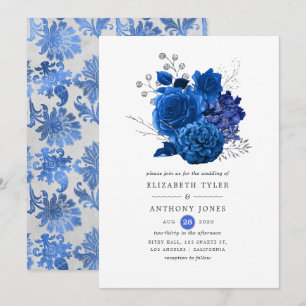 Invitation Royal Blue et Silver Floral Mariage
