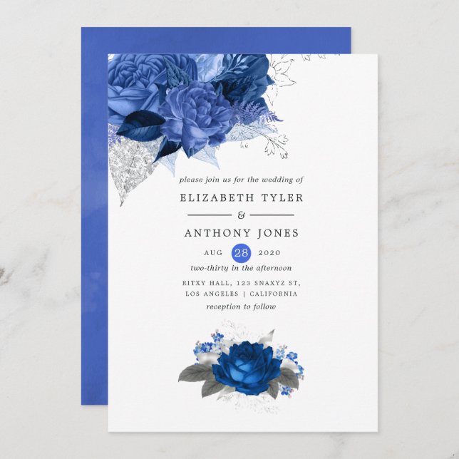 Invitation Royal Blue et Silver Floral Mariage (Devant / Derrière)