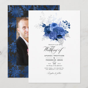 Invitation Royal Blue et Silver Floral Mariage Photo