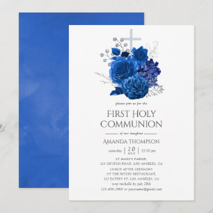 Invitation Royal Blue et Silver Floral Première communion sai