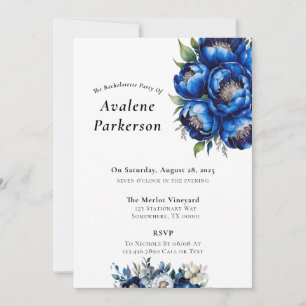 Invitation Royal Blue et Silver Peony Bachelorette Party