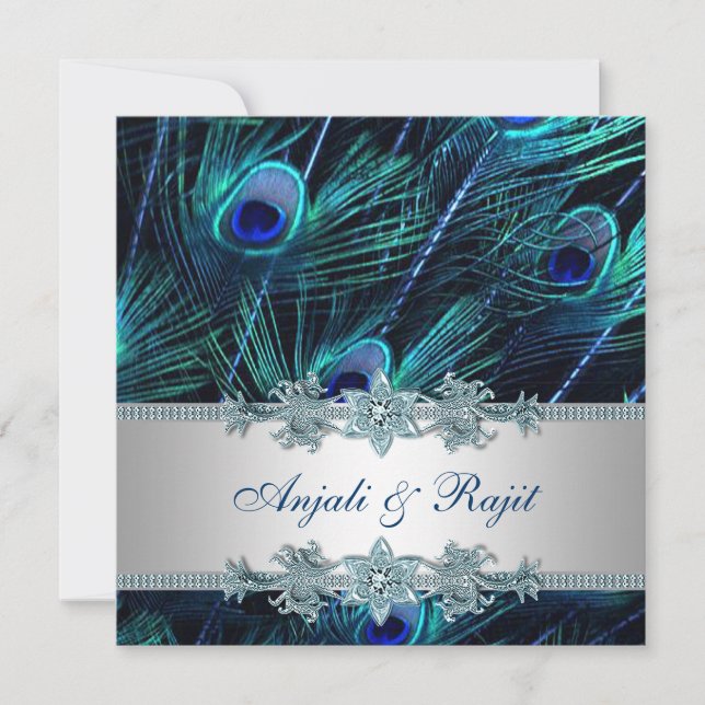 Invitation Royal Blue et Silver Royal Blue Peacock Mariage (Devant)