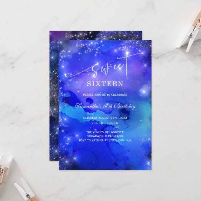 Invitation Royal Blue et Sweet sixteen argent (Devant/Arrière en situation)