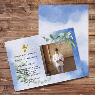 Invitation Royal Blue Eucalyptus Première Sainte Communion Ph