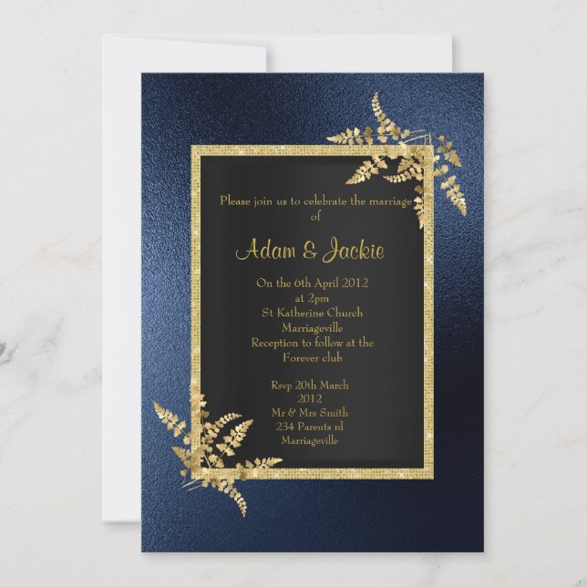 Invitation ROYAL BLUE feuille d'or ELEGANT CLASSING MARIAGE (Devant)