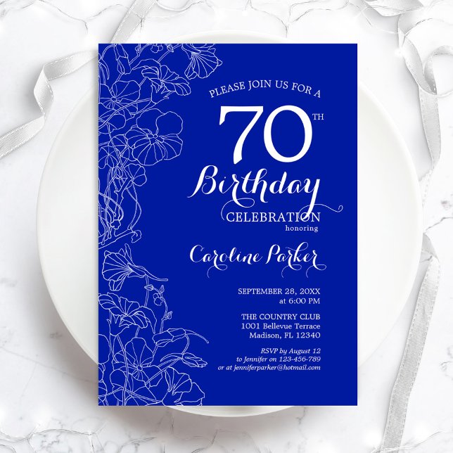 Invitation Royal Blue Floral 70e fête d'anniversaire (Créateur téléchargé)