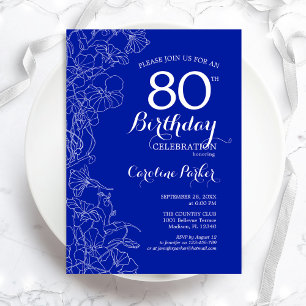 Invitation Royal Blue Floral 80e fête d'anniversaire