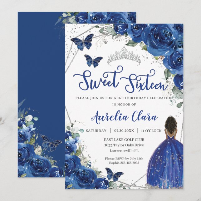 Invitation Royal Blue Floral Brown Princess Sweet 16 Annivers (Devant / Derrière)