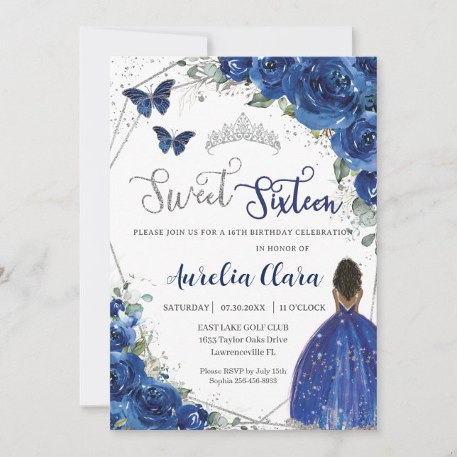 Invitation Royal Blue Floral Brown Princess Sweet 16 Annivers (Devant)