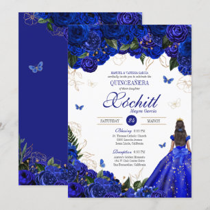 Invitation Royal Blue Floral Butterfly Elegant Quinceañera
