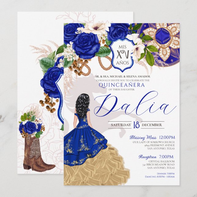 Invitation Royal Blue Floral Crest Rose Charro Quinceañera (Devant / Derrière)