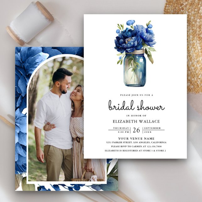 Invitation Royal Blue Floral Mason Jar Photo Fête des mariées (Créateur téléchargé)