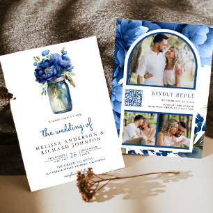 Invitation Royal Blue Floral Mason Jar QR Code Mariage