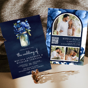 Invitation Royal Blue Floral Mason Jar QR Code Marine Mariage