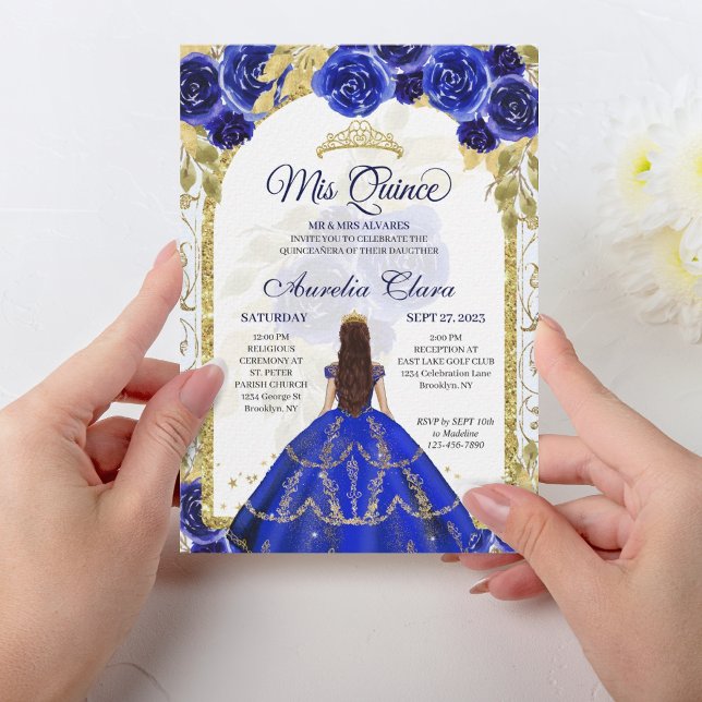 Invitation Royal Blue Floral Princess Gold Arch Quinceanera (Créateur téléchargé)