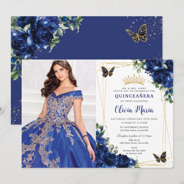 Invitation Royal Blue Floral Quinceañera Papillons photo (Devant / Derrière)