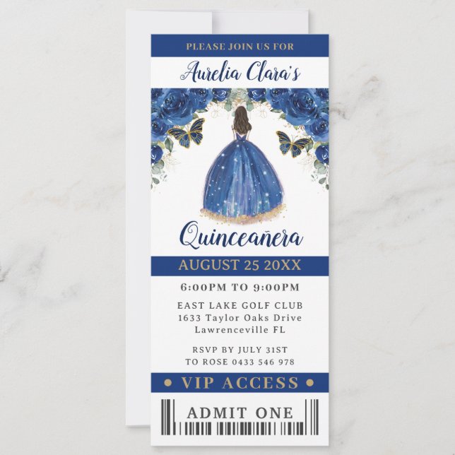 Invitation Royal Blue Floral Quinceañera Sweet 16 VIP Ticket (Devant)