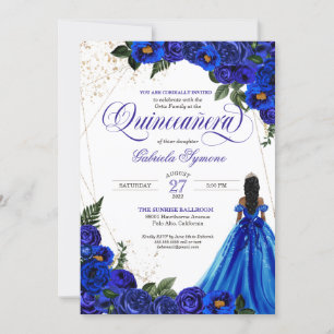 Invitation Royal Blue Floral Rose & Gold Elegant Quinceañera